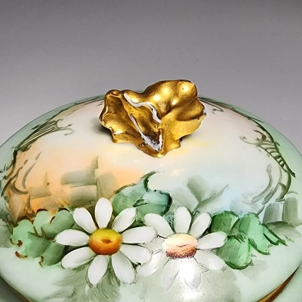 Antique Austrian Birn Porcelain Daisy Decor Vanity Set Receiver and Powder Dish